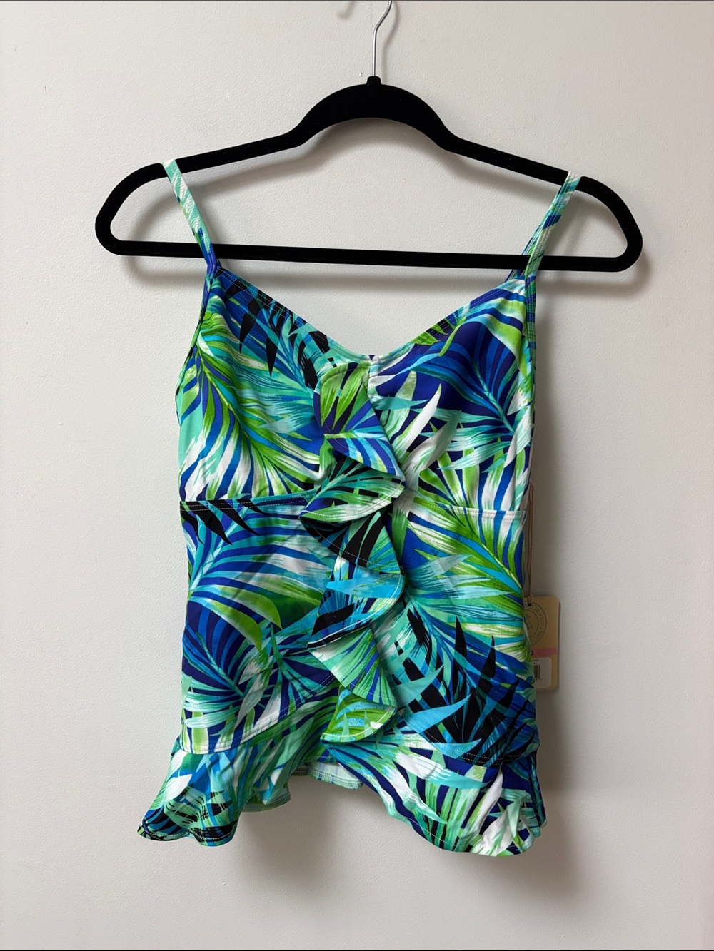 Caribbean Joe RAINFOREST Tropical Center Ruffle Tankini Top,Size 10,NWT